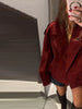 Red Suede Lapel Moto Jacket Oversized Zipped Long Sleeve Autumn Women Streetwear Biker Coat Versatile Lady Jaqueta