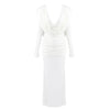 White Swinging Collar Long Dress For Women Ruched High Waist Long Sleeves Slim Elegant Evening Party Gowns