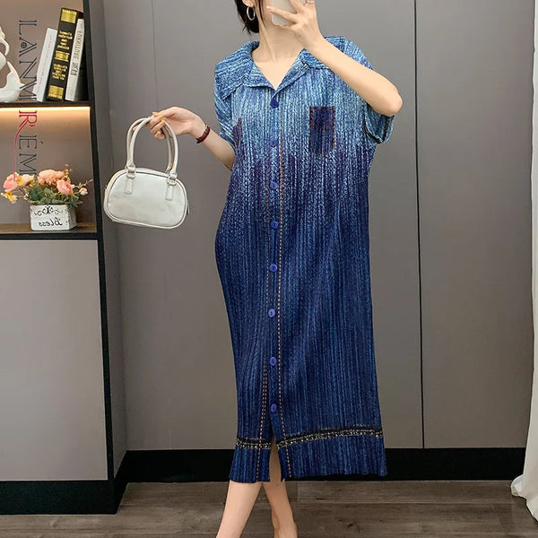 Pleated Faux Denim Dress Women's Chic Single Breasted Lapel Half Sleeve Mid-Length Dresses Loose Casual 2DB4371