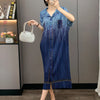 Pleated Faux Denim Dress Women's Chic Single Breasted Lapel Half Sleeve Mid-Length Dresses Loose Casual 2DB4371