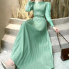 Pleated Dress Women Long Dresses A Line Round Neck Long Sleeve Party Maxi High Waist Belt Slim Sexy Elegant Splice Vestidos