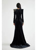 High Street Designer Maxi Dresses Women's Formal Long Sleeve Beaded Acetic Velvet Long Maxi Dress