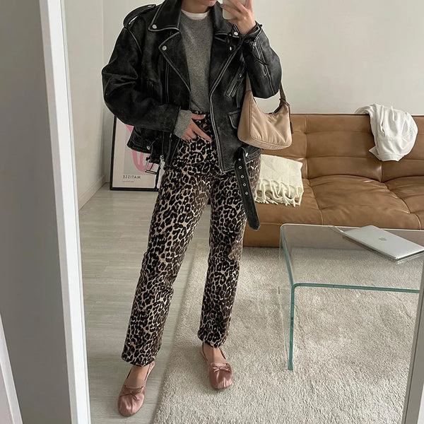 Vintage Leopard Print Denim Jean Women Y2K Casual High Waist Straight Pencil Long Pants Harajuku Streetwear Chic Female Trousers