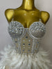 Stock Women Sexy Sparkly Rhinestone Mesh Feather Long Dress Elegant Evening Party Celebrate Birthday Performance Costume