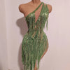 Women Sparkly Rhinestones Tassel Green One Shoulder Sexy See-Through Dress Latin Dance Outfits Bar Nightclub Party Stage Costume