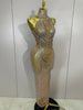 Sparkly Gold Rhinestone Sexy Transparent Mesh Long Dress Women Birthday Party Gown Stage Singer Performance Costume