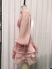Elegant Pink High Neck Organza Fabric Mini Dresses for Women Puff Sleevs Ruched Waist Tiered Ruffles for Cocktail Parties
