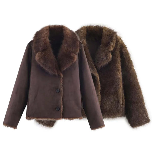 Winter Women's Street Faux Fur Jackets For Women Long Sleeves Double-Sided Thick Warm Casual Coats