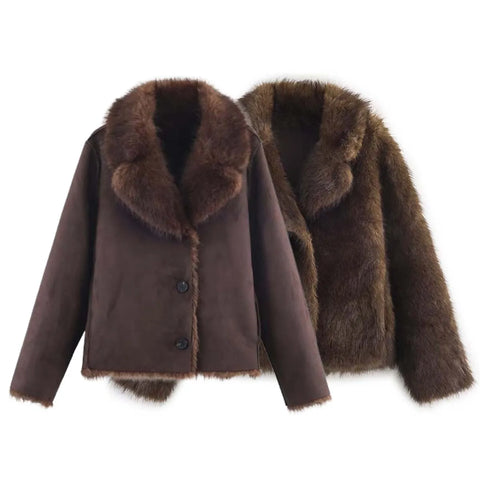 Winter Women's Street Faux Fur Jackets For Women Long Sleeves Double-Sided Thick Warm Casual Coats