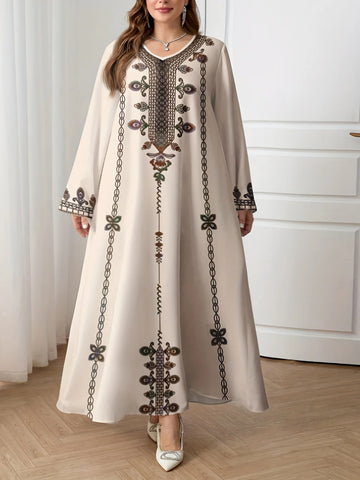 Middle Eastern Elegant Robe, Spring and Autumn Style, Plus-Size Women's Clothing, Ethnic Print, Stylish, Loose and Comfortable, Holiday Style