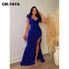 Women One Shoulder Open Back Sequined High Side Split Mermaid Maxi Dress Sexy Club Evening Party Dresses Vestidos