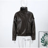 Street Waist Cinching Leather Jacket Women Loose Solid Stand Collar Zipper Pocket Jackets Spring Lady Outwear