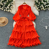 High End Party Ruffles Runway Dresses Women Lantern Sleeve Lace-up Loose Stretch Celebrity Beautiful Long Dress