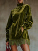 Women Velvet Tassel Hem Mini Dress Pockets Turtleneck Loose Chic Lantern Sleeve Solid Casual Elegant Autumn Vintage Dress