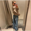 Women Camel Ribbed Knit Cardigan Zip Up High Collar Long Sleeve Cropped Sweater Flap Pockets Jacket Casual Autumn Outfits