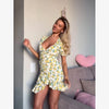 Women Elegant Flora Painted Ruffle Mini Dress Chic Full Sleeve Deep V-neck Slim A-line Dresses Lady Vacation Street Gowns