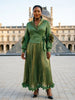 Gold Foil Printing Ruffled Women's Pleated Elegant Pleated Dress Notched Collar Long Sleeve Clothing 2DB7918