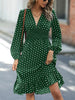 Spring Autumn Dots Print Elastic Waist Dresses Women V Neck Long Sleeve Dress Female Office Commuter Casual A-line Gown