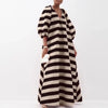 Elegant V-neck Puff Sleeve Long Dress Women's Striped Print Loose Swing Party Dress Casual High Waist Pleated Maxi Dress