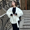 Women Grey Fur Splicing Woolen Coat Casual Belt Full Sleeve Lapel Loose Cardigan Outwear Lady Winter Highstreet Jacket