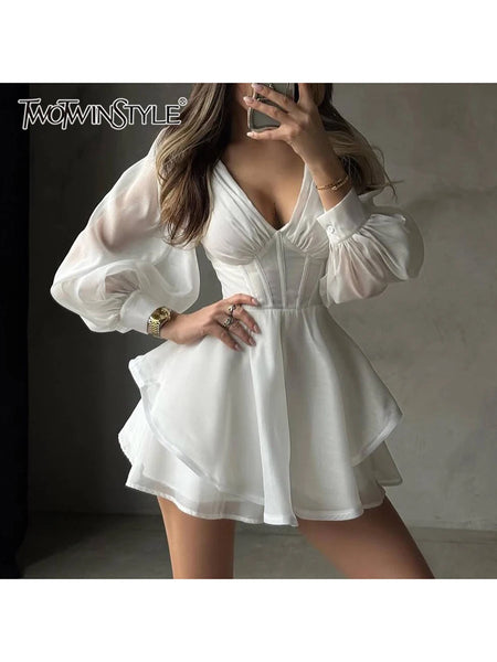 Solid Dresses For Women Deep V Neck Long Sleeves High Waist Patchwork Folds Minimalist Dress Female Clothing