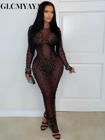 Women O-neck Long Sleeve Mesh Diamonds Rhinestones Long Dress Birthday Bodycon Mermaid Maxi Dresses Vestidos