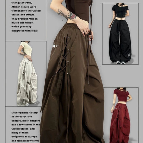 American Streetwear Jogging Cargo Pants Women High Waist Side Straps Loose Punk Wide Leg Trousers Hip Hop Parachute Pant