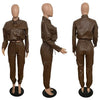Women Jacket Sets 2 Piece Long Sleeved Slim PU Leather Gripped Pants Set Solid Zipper Fly Pencil Pants Slim Fit High Street Suit
