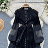 French Vintage Lace Embroidery Patchwork Velvet Dress Women Long Lantern Sleeve Pearl Buttons Lace Up Wedding Party Prom Vestido