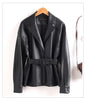 Women Split Leather Blazer With Slim Waist Belt Spring Autumn Notched Collar Loose Leather Jacket Female Coat