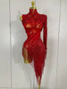 Sparkly Rhinestones Tassel Sexy See-Through Dress Women One Shoulder Latin Dance Outfits Bars Nightclub Party Stage Costume