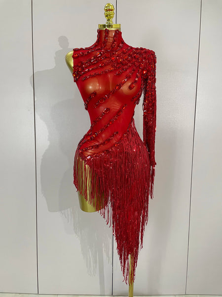 Stage Costume Sparkly Rhinestones Tassel Sexy See-Through Dress Women One Shoulder Latin Dance Bars Nightclub Party Outfits