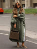 Women Chic Long Trench Coat Loose Lantern Sleeve Stand Collar Side Slit Single Breasted Windproof Outerwear Casual Ladies Jacket