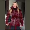 Chic Reflective Fabric Lace Up Hooded Cotton Jacket Women Stand Collar Full Sleeve Zipper Warm Overcoat Winter Lady Outwear