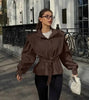 Solid Lace Up Short Trench Coat Lady Chic Stand Collar Wide Shoulder Full Sleeve Loose Coats Daily Casual Windbreaker