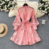 Women Elegant Floral Emboridery Dress Hollow Out Long Sleeve Single Breasted Belt French Court Chic Short A Line Dress