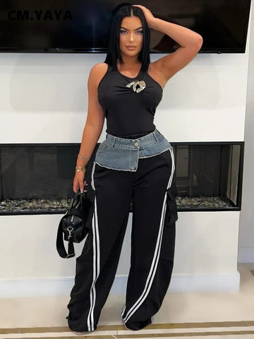 Women Denim Patchwork Pocket Side Wide Leg Loose Jogger Pants Active Jean Splicing Sweatpants Trousers