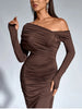 Women's Long Sleeve Asymmetric Neck Long Dress One Shoulder Ruched Bodycon Club Party Maxi Dresses Brown Autumn