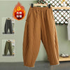 Women's Warm Pants Autumn Winter Vertical line pressed Solid Cotton padded Elastic waist band Buckle Casual Carrot trousers