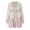 Women White Pink Flower Print Puff Long Sleeve Dress Open Buttons Wood Ears Ruffles Hem Mini Shirt Dresses Holiday Robe