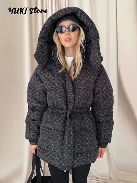Printed Women's Winter Down Jacket With Hood Zipper Slim Long Sleeve Warm Thicken Quilted Padded Jackets Outerwears