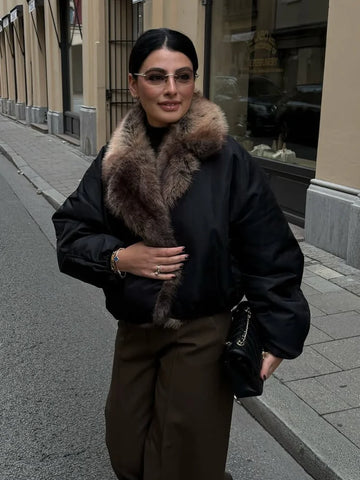 Faux Fur Collar Bomber Jacket For Women Autumn Winter Long Sleeve Coats Elegant Lady Chic High Street Outerwear