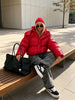 Bright Red Hooded Puffer Jacket Oversized Collar Horizontal Quilted Thick Padded Cropped Coats Women's Down Winter Jackets Warm