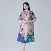Printting Women's Pleated Dress Turn Down Collar Single Breasted Elastic Loose Long Sleeve Dresses 2DB8280