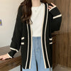 Autumn Vintage Mid Long Sweater Cardigan Woman Preppy Style Contrast Color Knitted Coat No Button Casual Street Open Outerwear