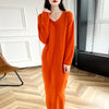 100% Merino Wool Women Long Dress Sweater V-Neck Pullover Long Dress Versatile Cashmere Knitwear Bottoming Clothing