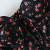Women Sexy Cross Bandage Black Flower Print Puff Long Sleeve Dress 3 Layer Wood Ears Ruffles Hem Cake Mini Holiday Robe
