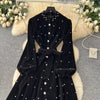Women Rhinestone Lace Up Dresses Velvet Solid Dress A Line Lantern Sleeve Ankle Lenth Single Breasted Casual Elegant Autumn