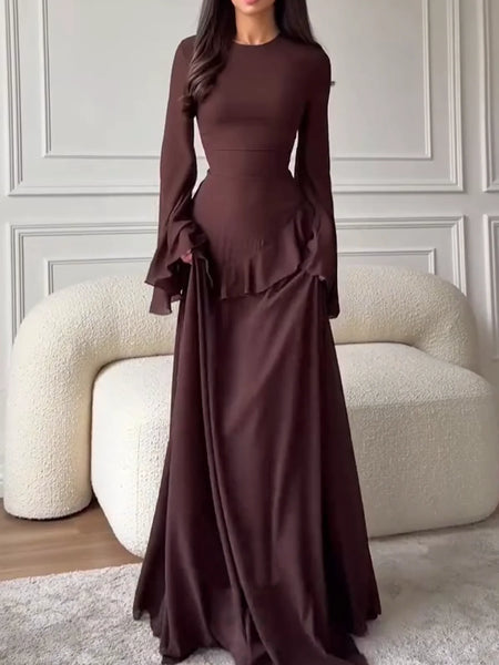 Round Neck Flared Long-Sleeve Long Gown for Women, High-Waisted with Ruffled Hem, Flowing and Elegant Floor-Length Party Evening Dress