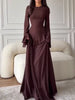 Round Neck Flared Long-Sleeve Long Gown for Women, High-Waisted with Ruffled Hem, Flowing and Elegant Floor-Length Party Evening Dress